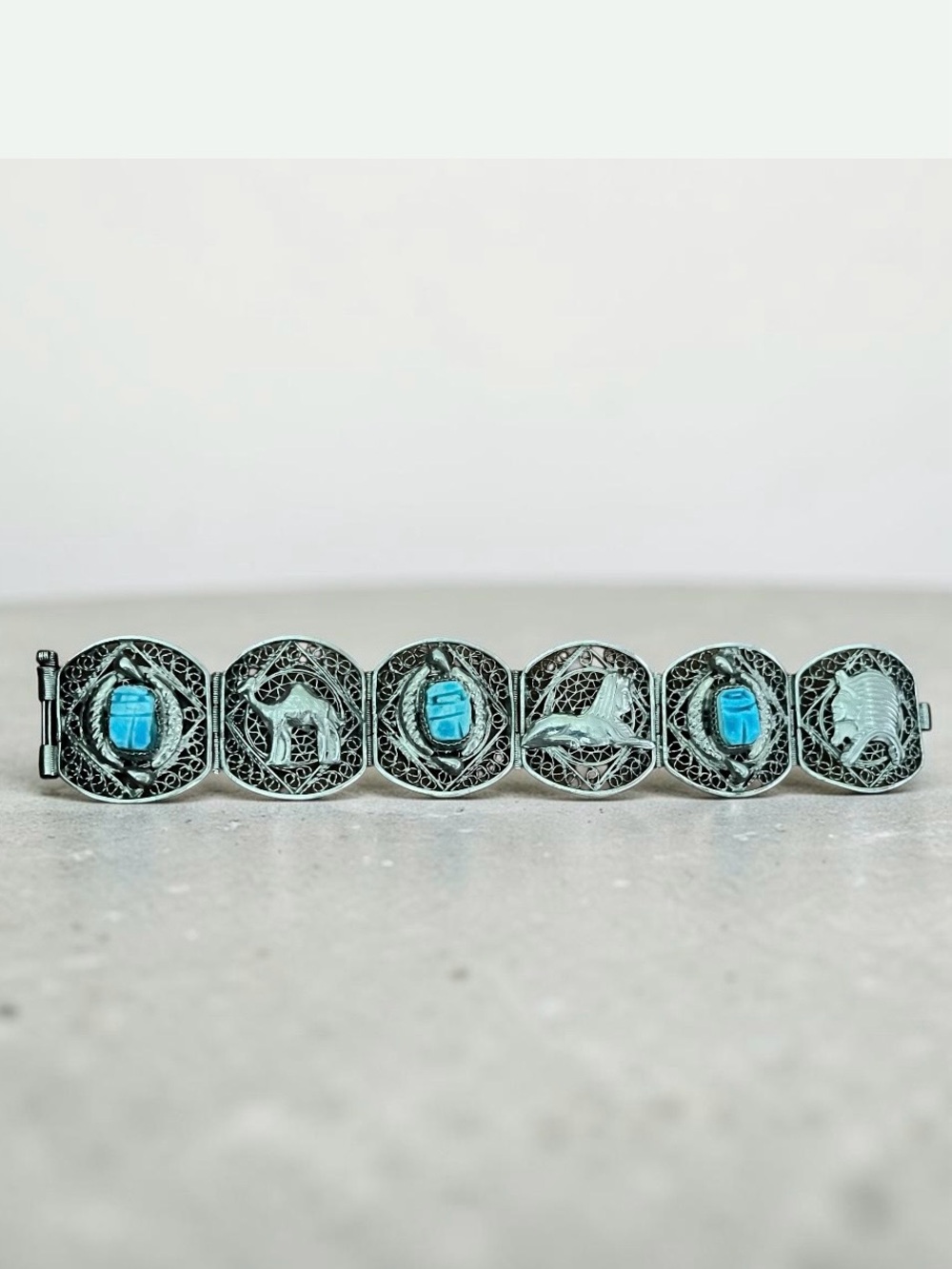 Vintage Egyptian Revival Scarab Bracelet Silver Tone Filagree Turquoise Color
